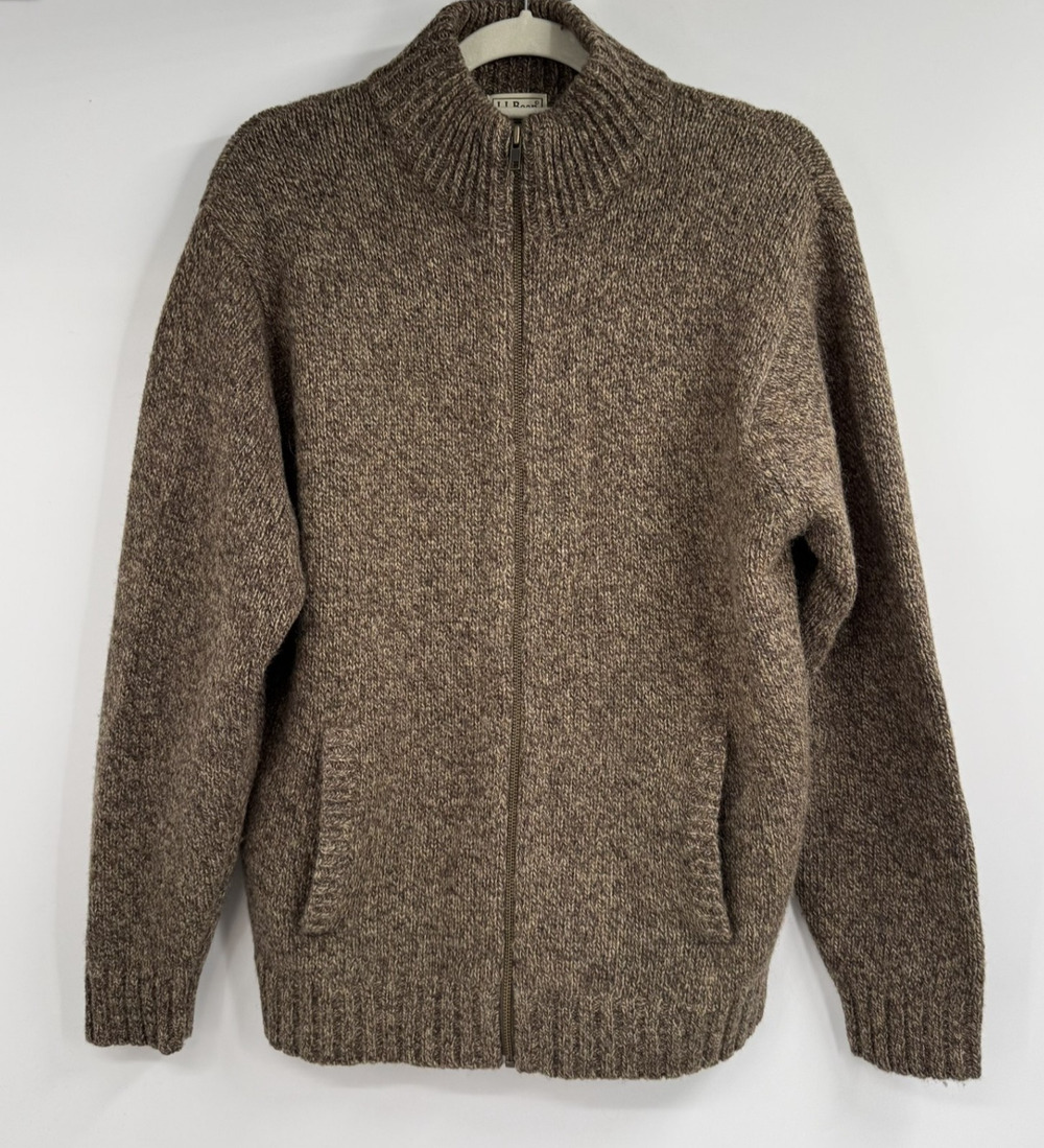 L.L.Bean Shetland Wool Sweater Mens M Brown Full Zip Mock Neck Cardigan Heritage